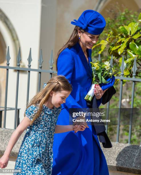 Catherine, Princess of Wales and Princess Charlotte attend the Easter Mattins Service at Windsor Castle on April 9, 2023 in Windsor, England.