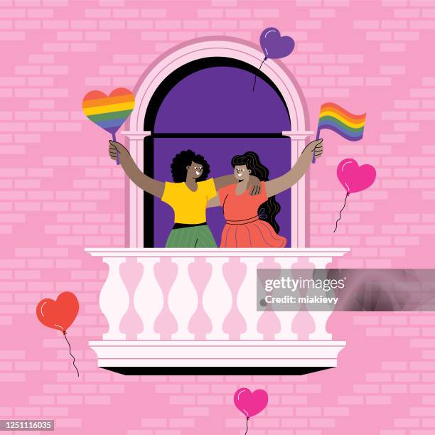 ilustraciones, imágenes clip art, dibujos animados e iconos de stock de pareja celebrando el orgullo - lesbian-couple-embracing
