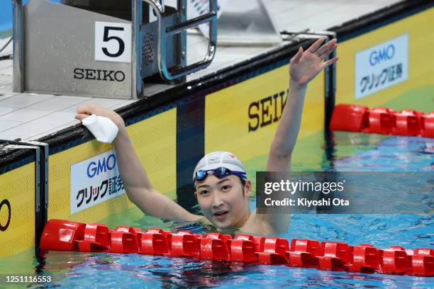 Rikako Ikee reacts after winning the Women's 50m Freestyle Final during day six of the Japan Swim at Tokyo Aquatics Centre on April 9, 2023 in Tokyo,...