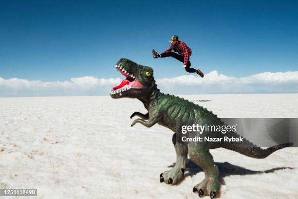 touriste à salt flat salar de uyuni, photos drôles, perspective forcée - perspective artificielle photos et images de collection