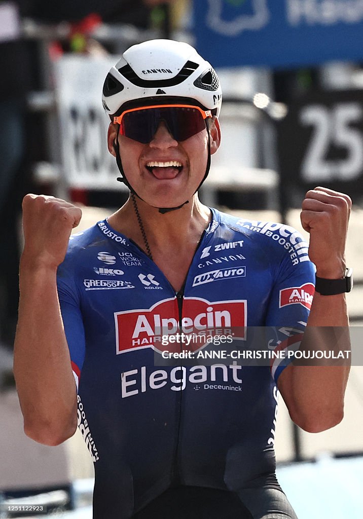Dutch Rider Alpecin-Deceuninck team's Dutch rider Mathieu Van Der Poel celebrates ...
