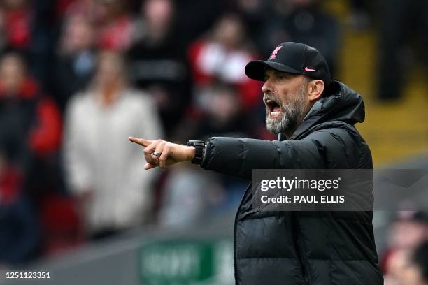 Liverpool's German manager Jurgen Klopp shouts instructions to the players from the touchline during the English Premier League football match...