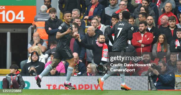 Arsenal's Gabriel Jesus celebrates scoring his teams second goal during the Premier League match between Liverpool FC and Arsenal FC at Anfield on...