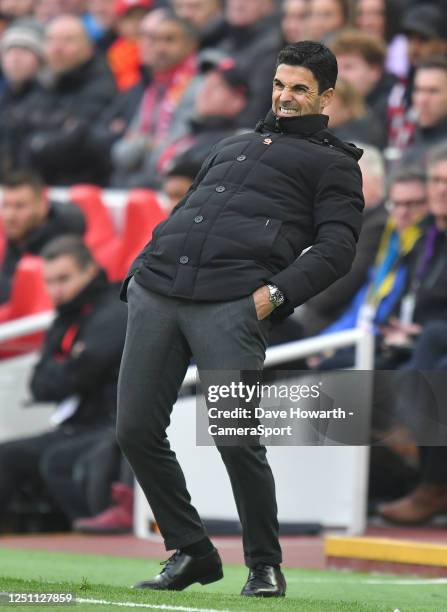 Arsenal's Manager Mikel Arteta during the Premier League match between Liverpool FC and Arsenal FC at Anfield on April 9, 2023 in Liverpool, United...