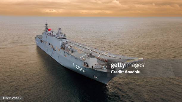 An aerial view of the world's first armed unmanned aerial vehicle ship and Turkiye's largest warship, the Multi-Purpose Amphibious Assault Ship TCG...