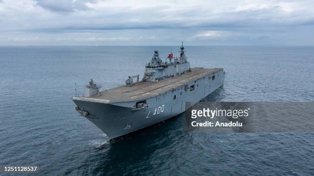 An aerial view of the world's first armed unmanned aerial vehicle ship and Turkiye's largest warship, the Multi-Purpose Amphibious Assault Ship TCG...
