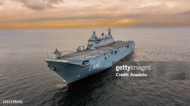 An aerial view of the world's first armed unmanned aerial vehicle ship and Turkiye's largest warship, the Multi-Purpose Amphibious Assault Ship TCG...