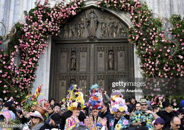 People participate with colorful costumes and hats at the annual Easter Parade in New York City, United States on April 09, 2023.