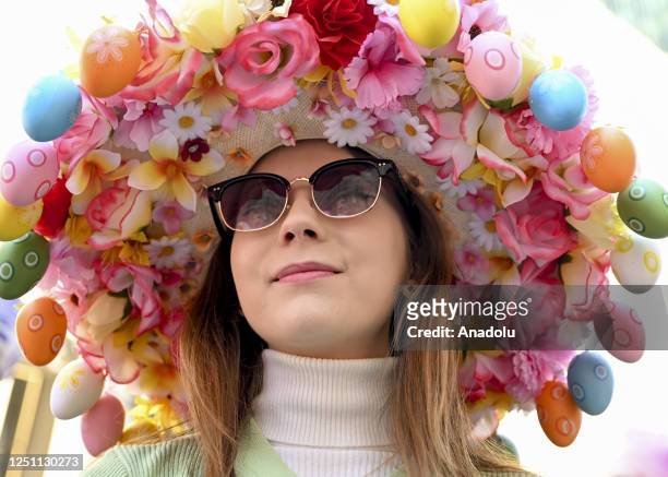 People participate with colorful costumes and hats at the annual Easter Parade in New York City, United States on April 09, 2023.