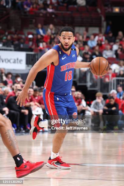 Cory Joseph of the Detroit Pistons moves the ball during the game against the Chicago Bulls on April 9, 2023 at United Center in Chicago, Illinois....