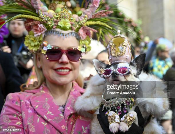 People participate with colorful costumes and hats at the annual Easter Parade in New York City, United States on April 09, 2023.