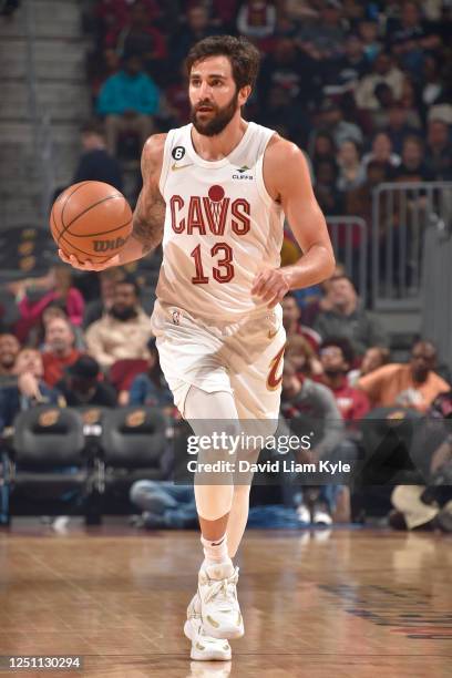 Ricky Rubio of the Cleveland Cavaliers dribbles the ball during the game against the Charlotte Hornets on April 9, 2023 at Rocket Mortgage FieldHouse...