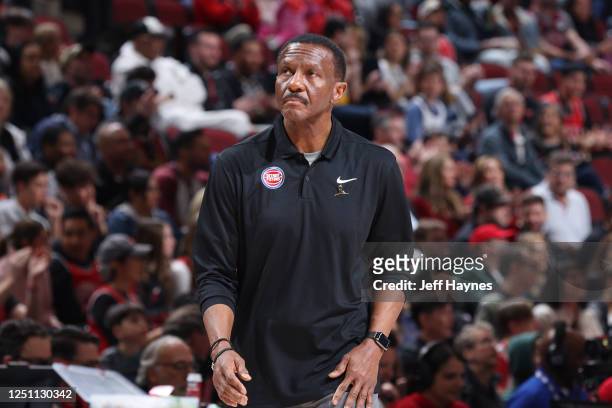 Head Coach Dwane Casey of the Detroit Pistons looks on during the game against the Chicago Bulls on April 9, 2023 at United Center in Chicago,...