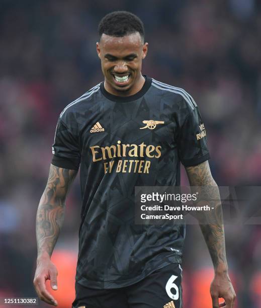 Dejected Arsenal's Gabriel after the Premier League match between Liverpool FC and Arsenal FC at Anfield on April 9, 2023 in Liverpool, United...