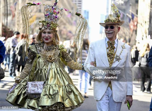 People participate with colorful costumes and hats at the annual Easter Parade in New York City, United States on April 09, 2023.