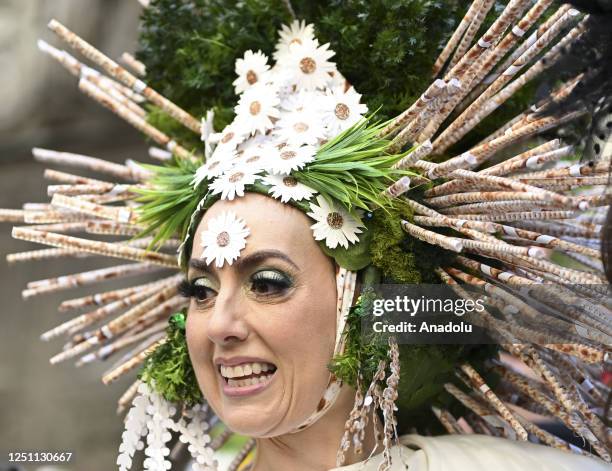 People participate with colorful costumes and hats at the annual Easter Parade in New York City, United States on April 09, 2023.