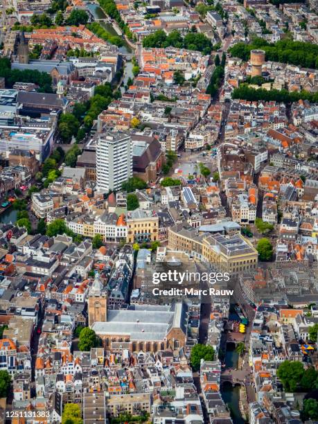 aerial photo of the city center of utrecht, the netherlands - utrecht stockfoto's en -beelden