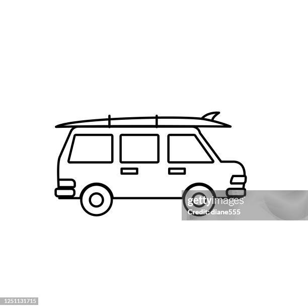 suv mit surfbrett auf dem dach sommer-ikone thin line style - surfbrett stock-grafiken, -clipart, -cartoons und -symbole