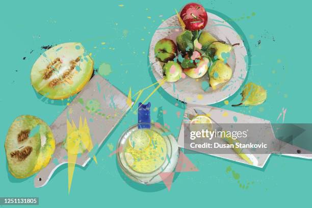 fruit composition from above - mint lemonade stock illustrations