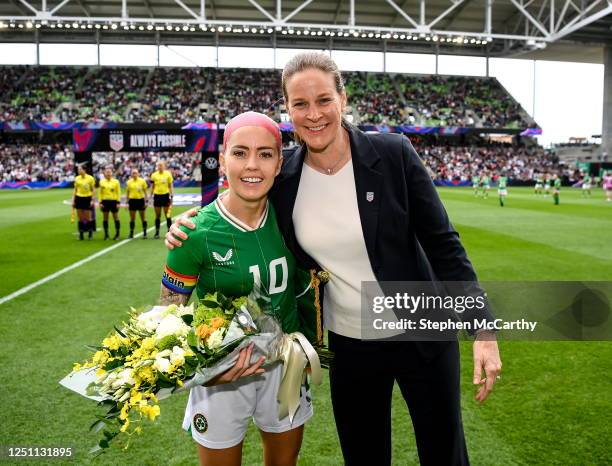 Texas , United States - 8 April 2023; President of US soccer Cindy Parlow Cone makes a presentation to Denise O'Sullivan of Republic of Ireland on...