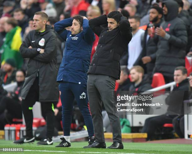 Arsenal's Manager Mikel Arteta during the Premier League match between Liverpool FC and Arsenal FC at Anfield on April 9, 2023 in Liverpool, United...
