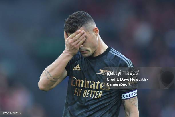 Arsenal's Granit Xhaka after the Premier League match between Liverpool FC and Arsenal FC at Anfield on April 9, 2023 in Liverpool, United Kingdom.