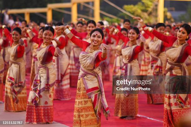 Bihu dancers during rehearsal for the Guinness World Record event, in Guwahati , India on Apr 9, 2023. Over 11,000 Bihu dancers will perform in an...
