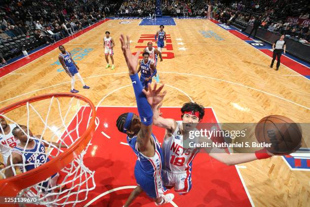 Yuta Watanabe of the Brooklyn Nets drives to the basket during the game against the Philadelphia 76ers on April 9, 2023 at Barclays Center in...