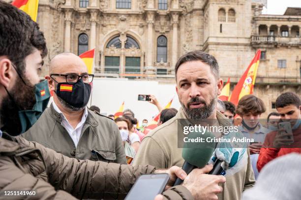 Santiago Abascal, president of Vox, on his arrival at the Plaza do Obradoiro, after walking the last stage of the Way of St. James and presenting the...