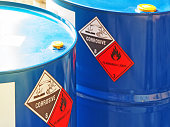 the close-up shot of blue color hazardous dangerous chemical barrels.