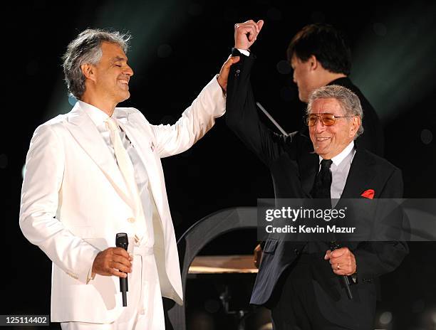 Andrea Bocelli and Tony Bennett perform at the Central Park, Great Lawn on September 15, 2011 in New York City.