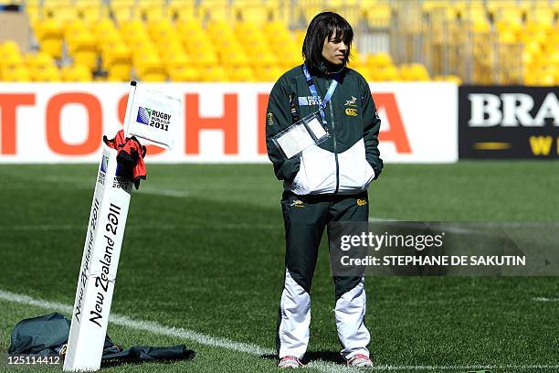 South African Springbok's Physiotherapist Rene Naylor looks on during the captain's run on September 16, 2011 at the Wellington Regional Stadium...