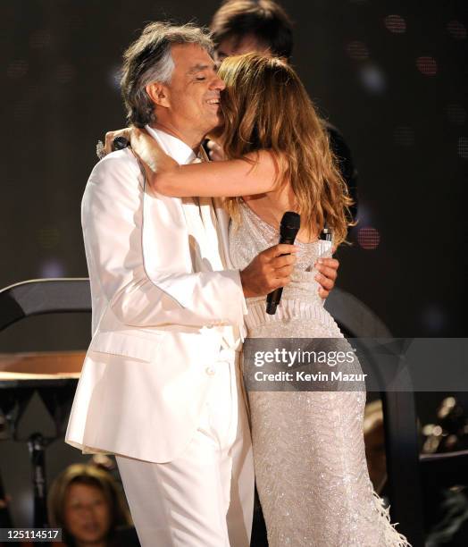 Andrea Bocelli and Celine Dion perform at the Central Park, Great Lawn on September 15, 2011 in New York City.