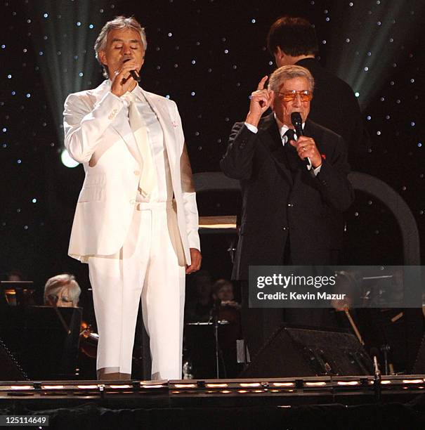 Andrea Bocelli and Tony Bennett perform at the Central Park, Great Lawn on September 15, 2011 in New York City.