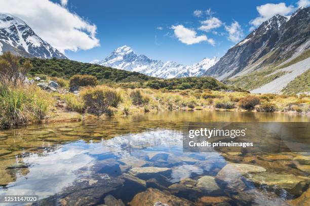 new zealand scenic mountain landscape at aoraki mount cook at summer with nature landscape background in south island new zealand - fox glacier stock pictures, royalty-free photos & images