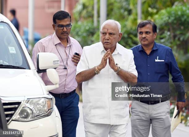 Former Karnataka chief minister B. S. Yediyurappa arrives to attend BJP's Central Election Committee meeting, ahead of the Karnataka Assembly...