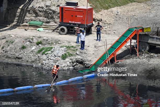 View of supplementary drain opening in Yamuna River as authorities have taken innovative steps to clean the drain at Wazirabad , on April 9, 2023 in...