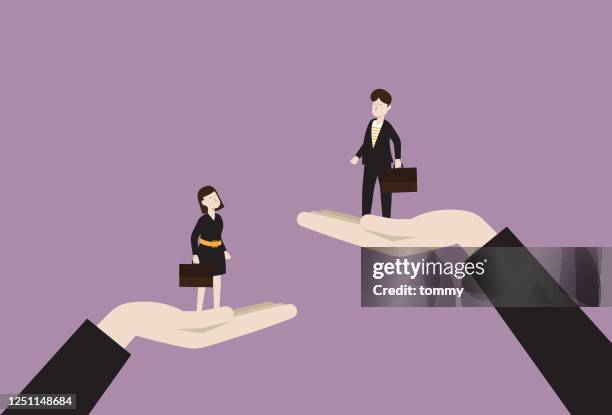 the manager raises a businessman higher than a businesswoman - asymmetric stock illustrations