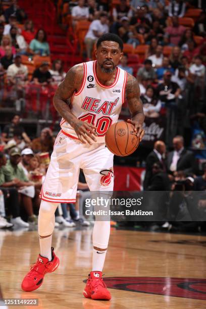 Udonis Haslem of the Miami Heat goes to the basket during the game on April 9, 2023 at FTX Arena in Miami, Florida. NOTE TO USER: User expressly...