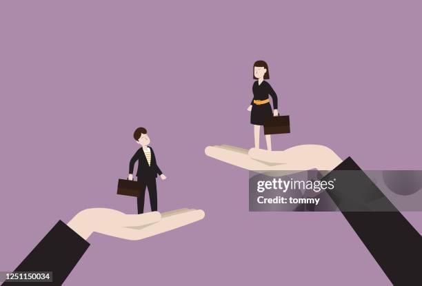 ilustrações de stock, clip art, desenhos animados e ícones de the manager raises a businesswoman higher than a businessman - fund fair