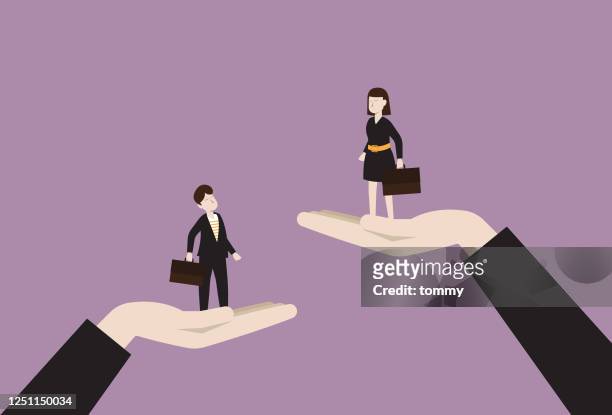 the manager raises a businesswoman higher than a businessman - inequality stock illustrations