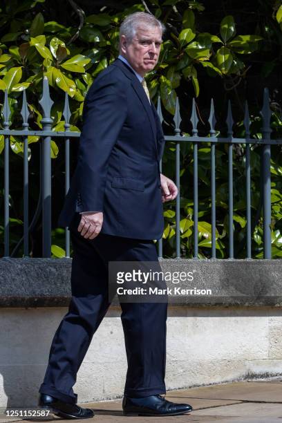 Prince Andrew, Duke of York, departs after attending the Easter Sunday church service at St George's Chapel in Windsor Castle on 9 April 2023 in...
