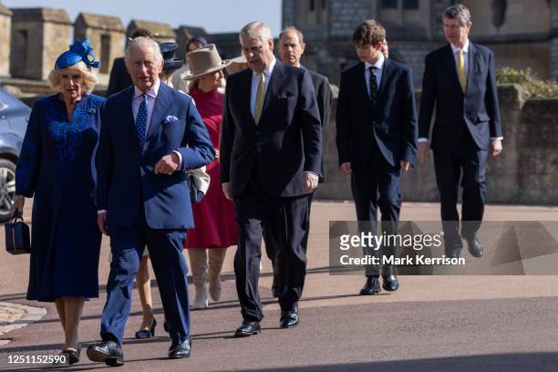 King Charles III arrives with Camilla, the Queen Consort, Prince Andrew, Duke of York, Prince Edward, Duke of Edinburgh, and other members of the...