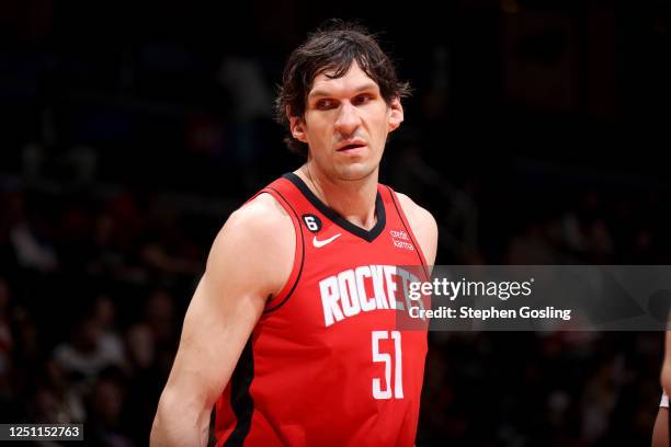 Boban Marjanovic of the Houston Rockets looks on during the game against the Washington Wizards on April 9, 2023 at Capital One Arena in Washington,...