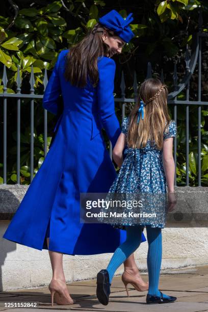 Catherine, Princess of Wales, and Princess Charlotte depart after attending the Easter Sunday church service at St George's Chapel in Windsor Castle...