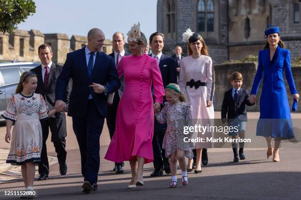Mike Tindall and Zara Tindall, accompanied by Mia and Lena arrive with other members of the Royal Family to attend the Easter Sunday church service...