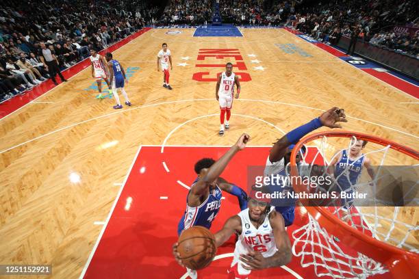 David Duke Jr. #6 of the Brooklyn Nets drives to the basket during the game against the Philadelphia 76ers on April 9, 2023 at Barclays Center in...