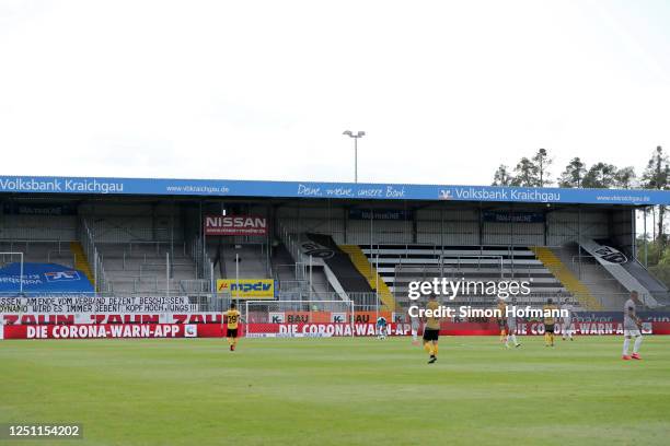 General view of the stadion with LED advertisement boards showing ads for "Die Corona-Warn-App" during the Second Bundesliga match between SV...