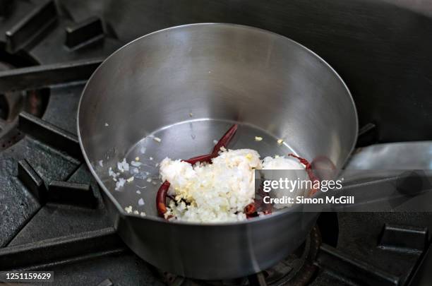 whole dried red chili peppers, chopped onion, garlic and scoop of lard in a stainless steel saucepan on a gas stove top - lard stock pictures, royalty-free photos & images