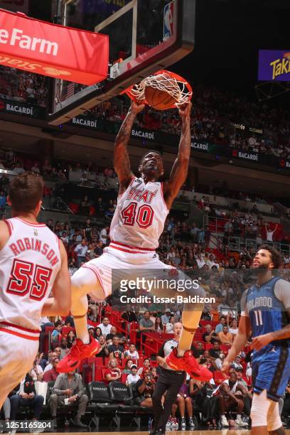 Udonis Haslem of the Miami Heat goes to the basket during the game on April 9, 2023 at FTX Arena in Miami, Florida. NOTE TO USER: User expressly...
